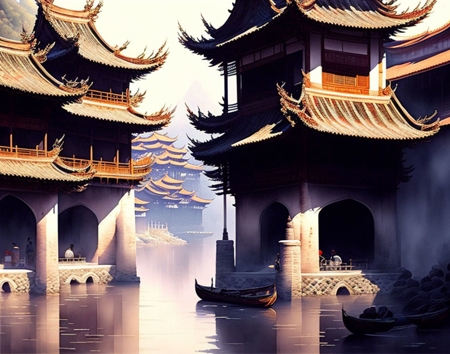 Tranquil depiction of ancient Asian water town scenery