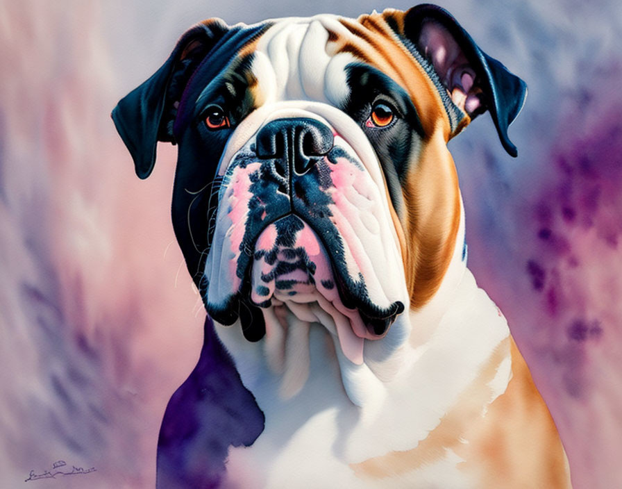 Brindle and White Bulldog with Black Mask on Colorful Background