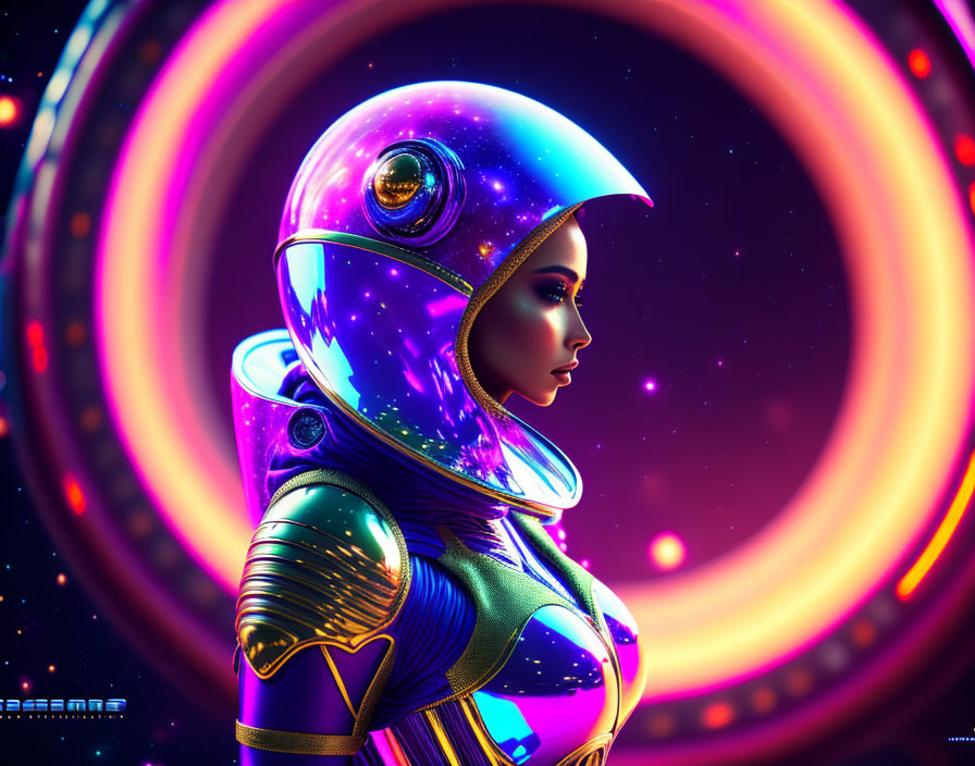 Female astronaut digital artwork in reflective helmet with cosmic background.