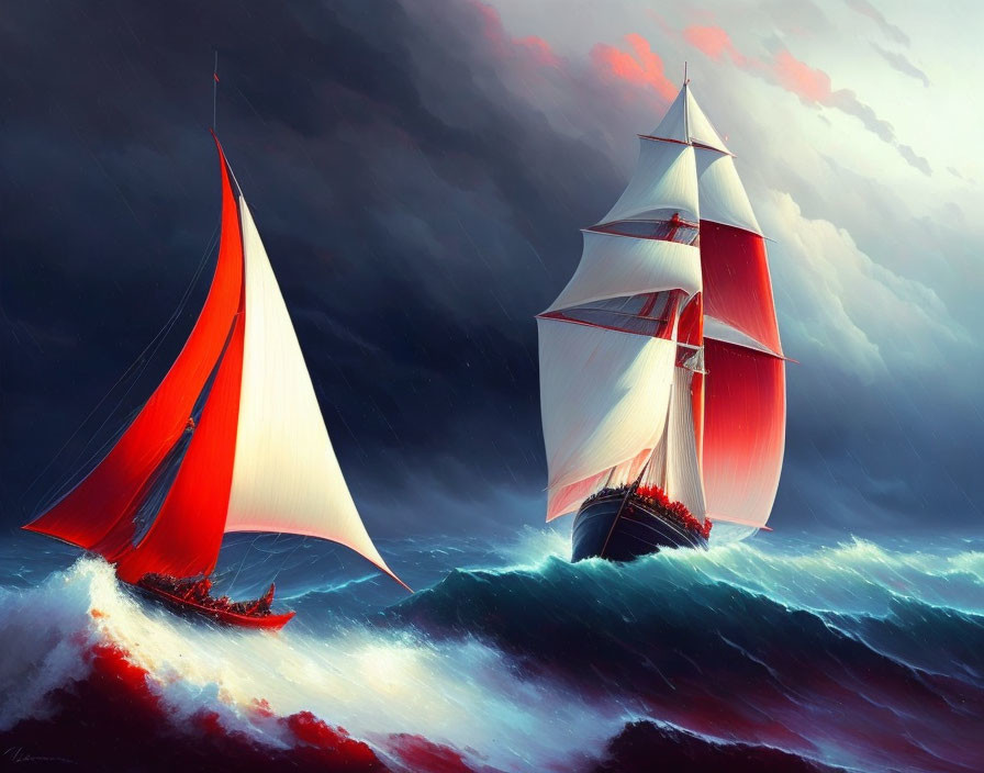 Sailboats with red and white sails on stormy seas under dramatic skies