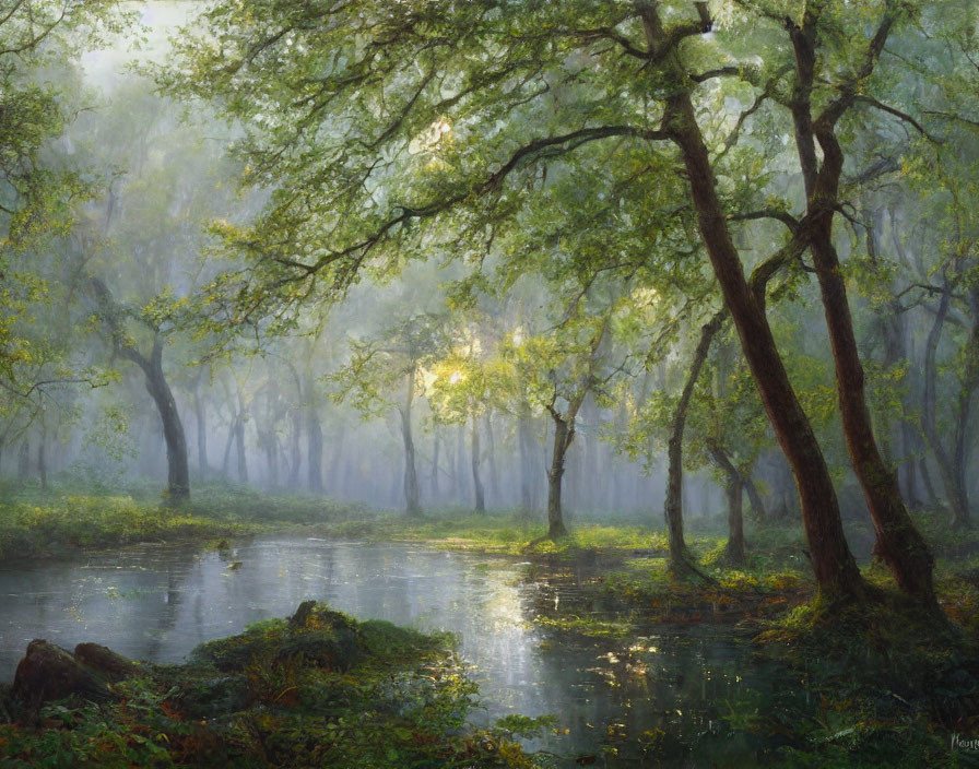 Sunlit Misty Forest and Tranquil River Scene in Lush Greenery