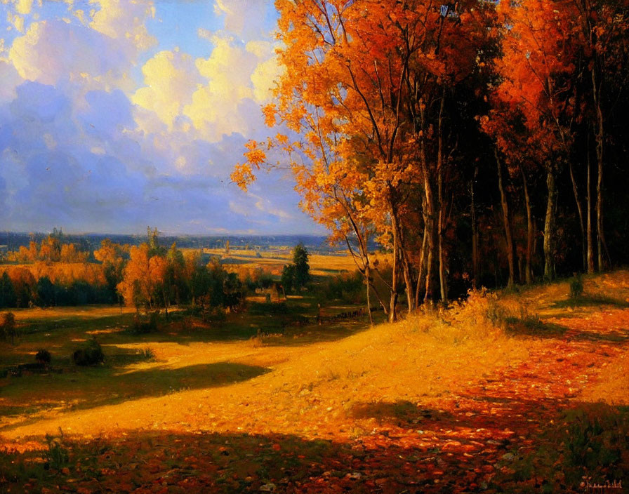 Colorful Autumn Landscape Painting with Trees, Path, and Fields