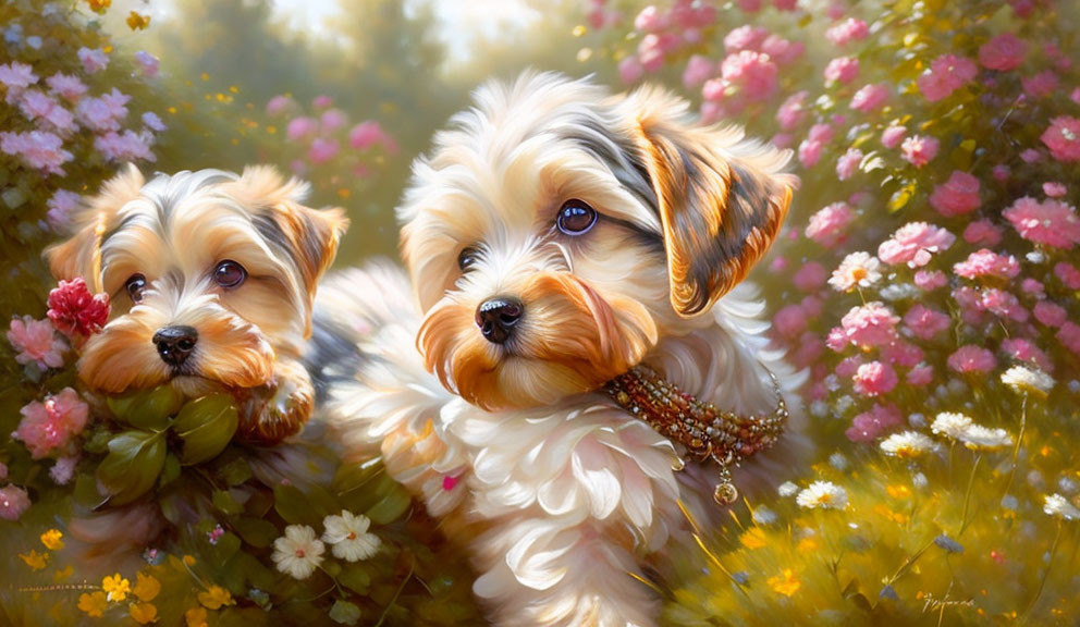 Brown and White Fluffy Dogs with Beads in Blooming Garden