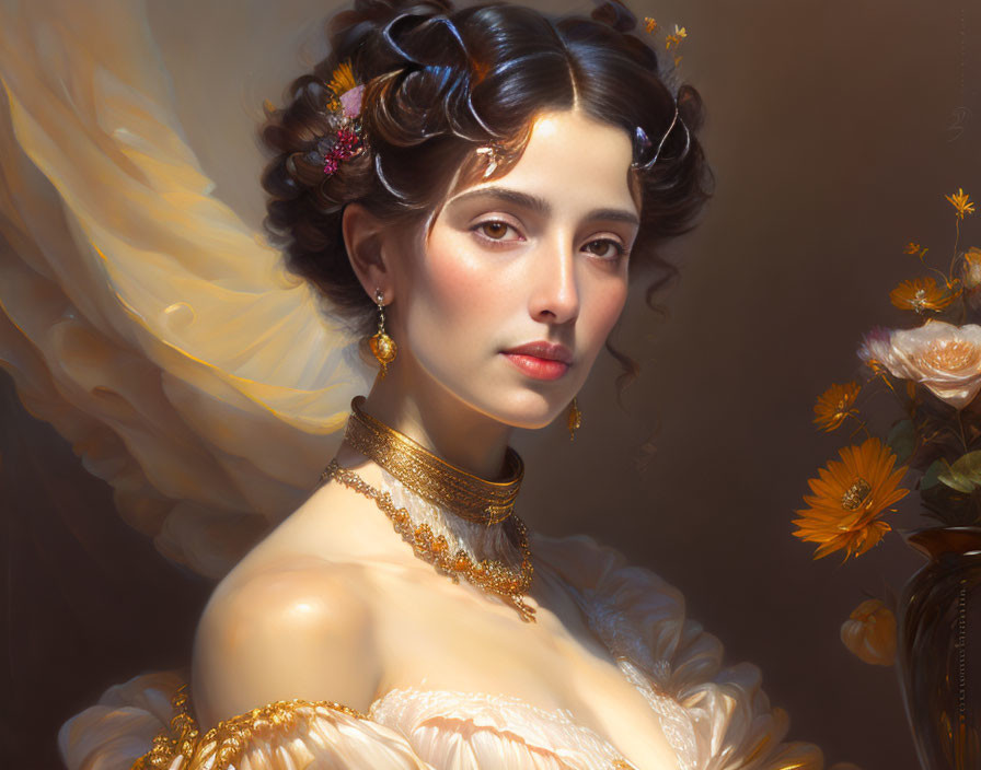 Portrait of Woman in White Dress with Angelic Presence and Gold Jewelry