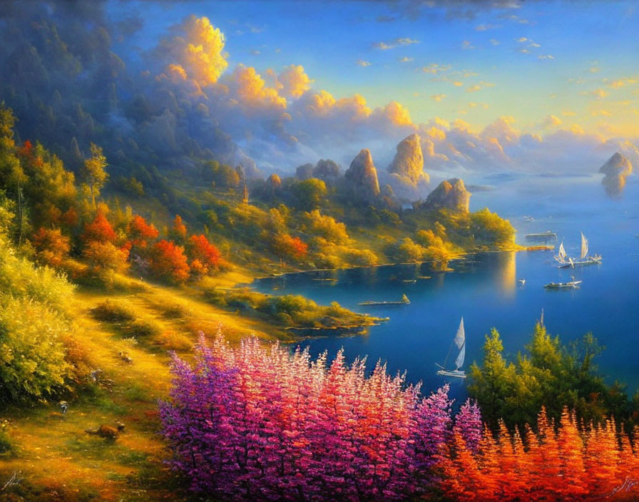 Scenic landscape with purple flowers, lake, boats, autumn trees, and golden sunset