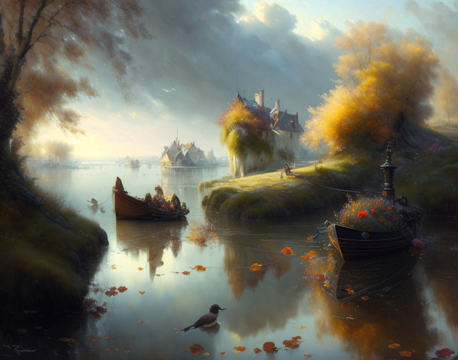 Tranquil autumn river landscape with castle, boats, trees, mist