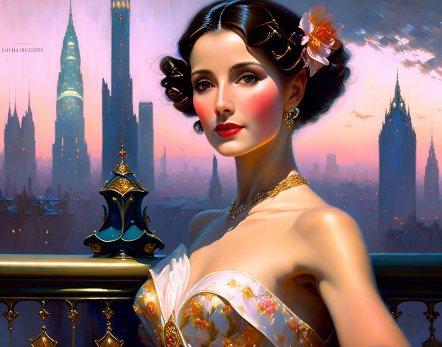 Vintage hairstyle woman with flower in fantasy cityscape at twilight