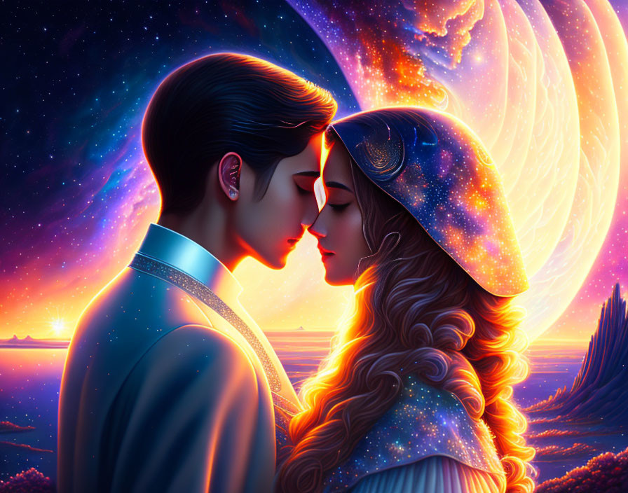 Digital Artwork: Couple Embracing with Cosmic Background