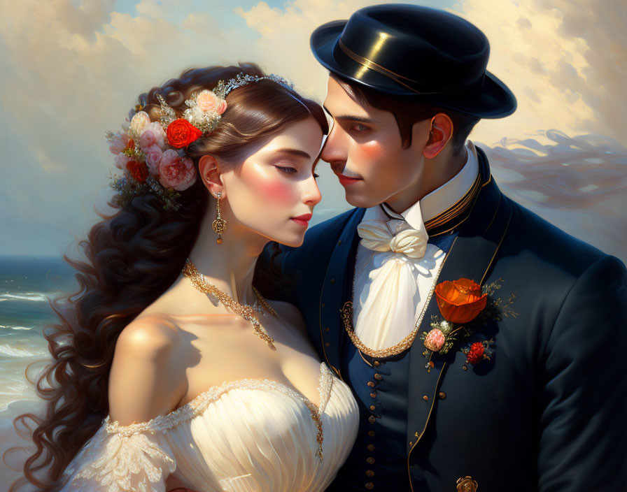 Victorian-era couple in elegant wedding attire by the sea