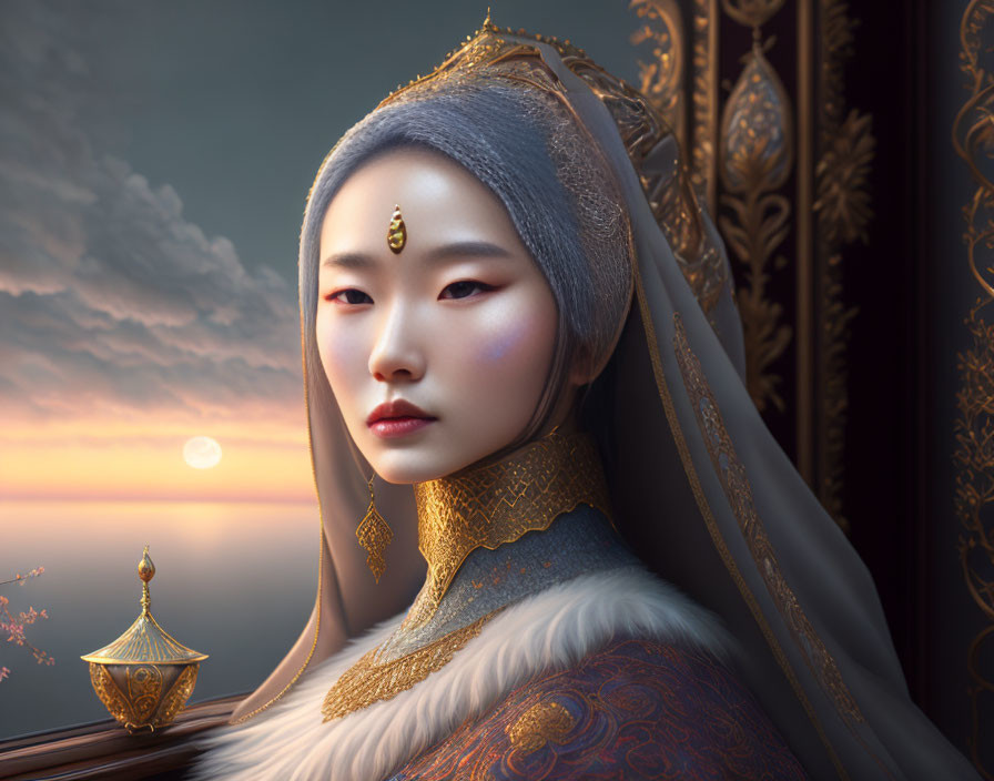 Asian woman in traditional gold and blue attire by window at sunset