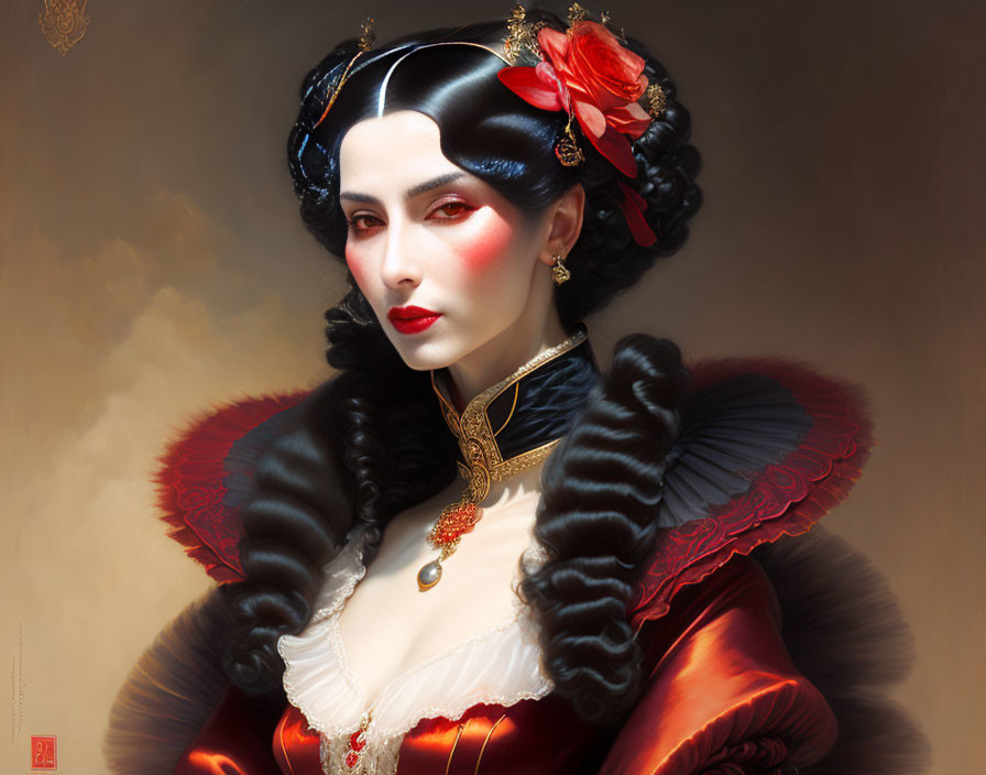 Portrait of Woman: Pale Skin, Black Hair, Red Lips, Red & Black Dress, Gold Jewelry