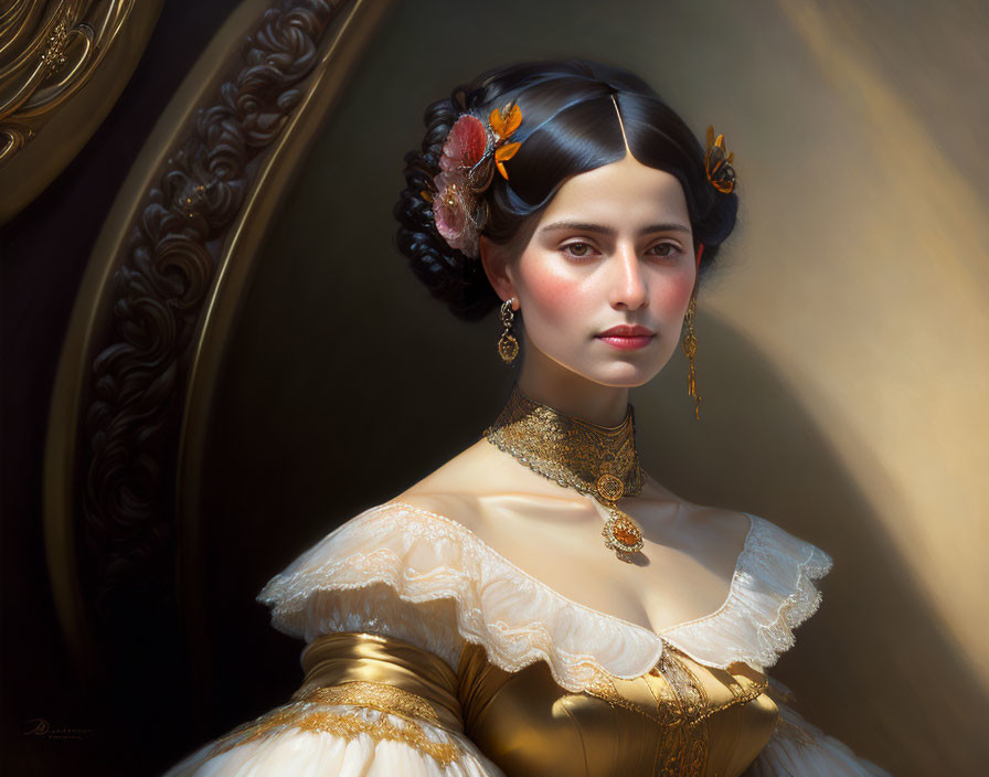 Classical portrait of a woman in white and gold attire with orange flower accessories