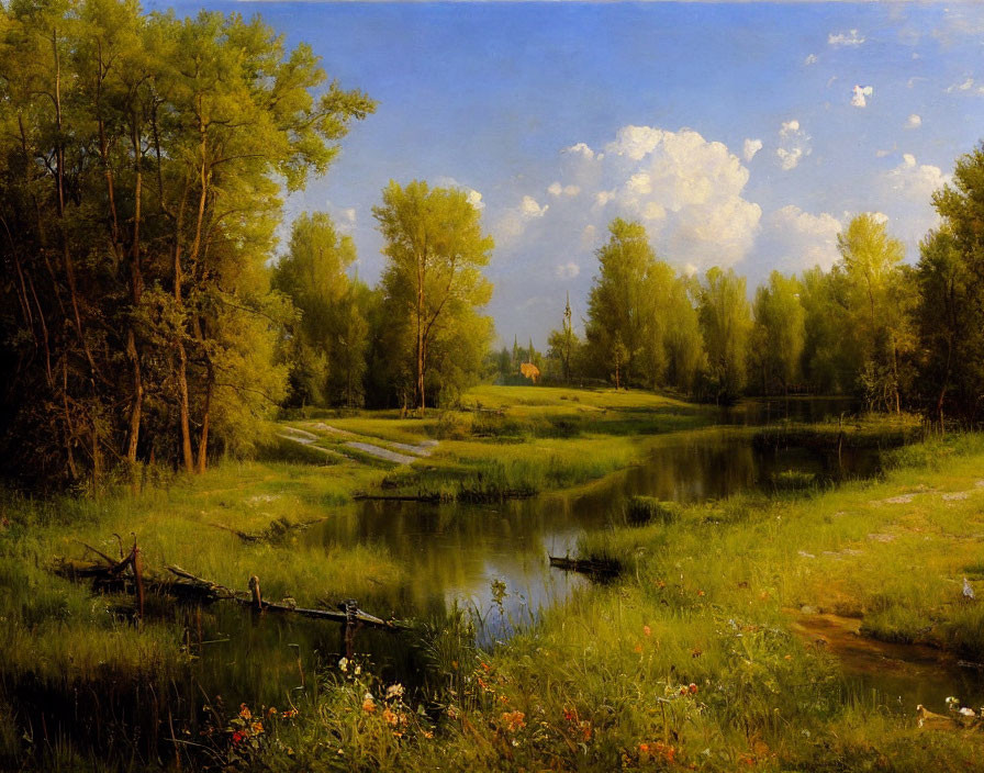 Tranquil river landscape with lush meadows and green trees