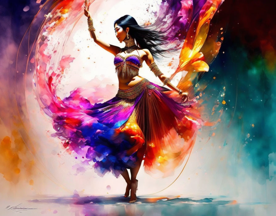 Colorful digital painting of a dancing woman with swirling blue, purple, and orange hues