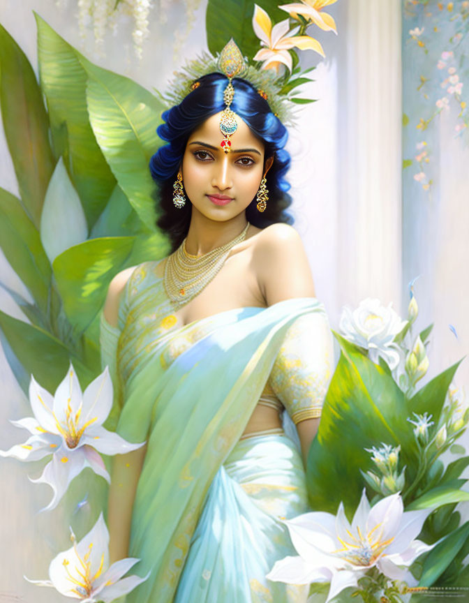 Woman with Blue Hair in Traditional Indian Attire Among Green Leaves