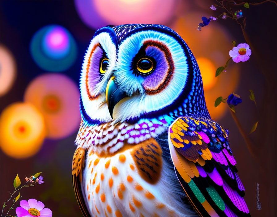 Colorful Owl Illustration with Floral Bokeh Background