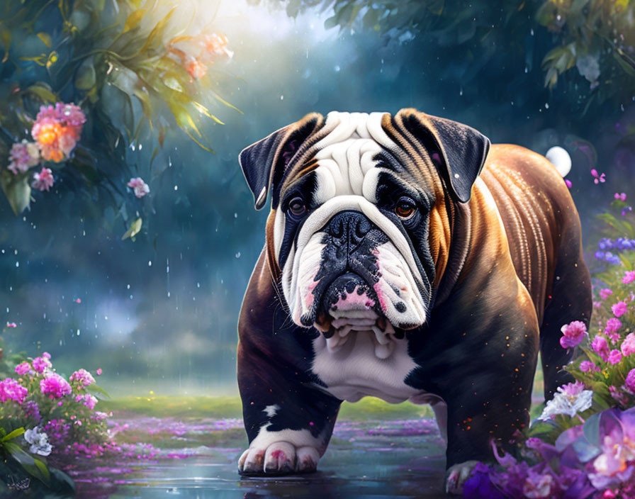 Bulldog in magical garden with flowers and rain