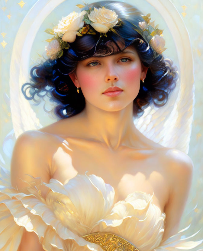 Portrait of Woman with Floral Crown and Yellow Garment on Starry Background
