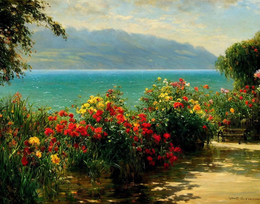 Tranquil landscape painting: vibrant flowers, calm lake, distant mountains