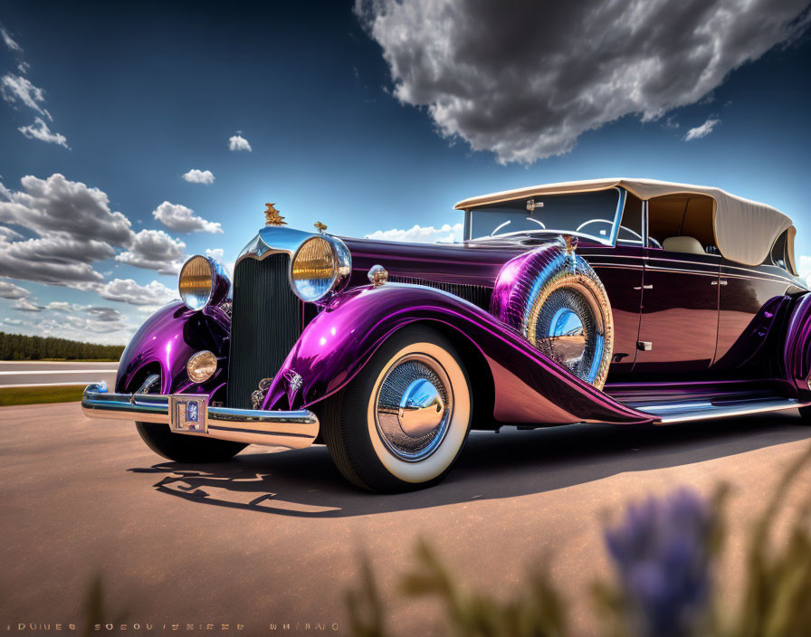 Vibrant Purple Classic Car with Chrome Details under Blue Sky