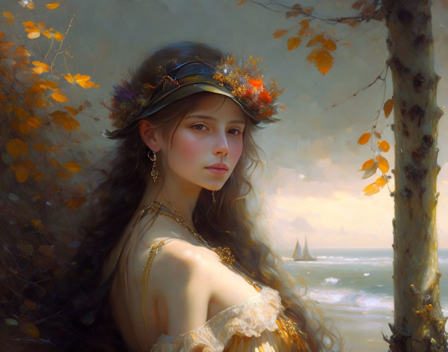 Woman in floral crown gazes contemplatively amid autumn leaves and seascape