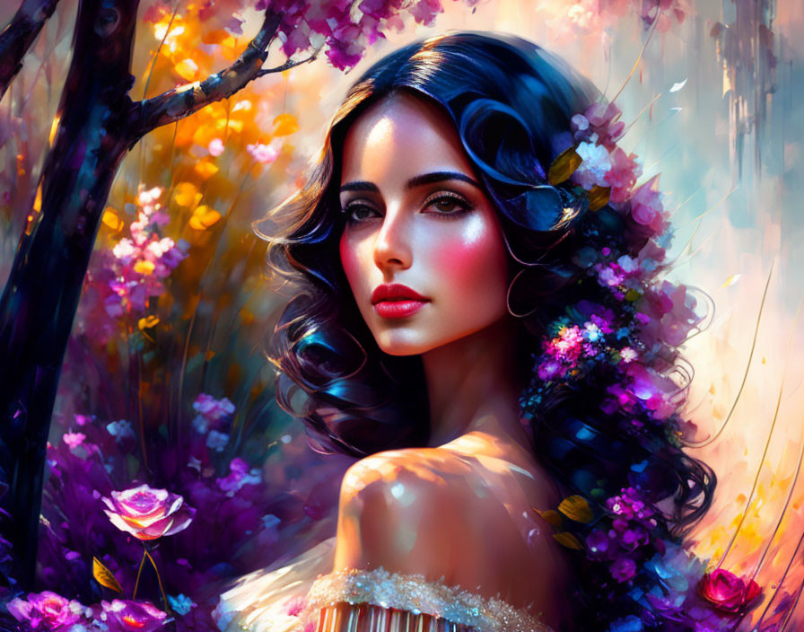 Digital Artwork: Woman with Dark Hair and Flowers in Colorful Nature