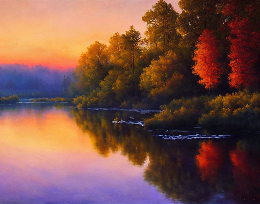 Tranquil sunset scene: vibrant autumn trees reflecting on serene lake.