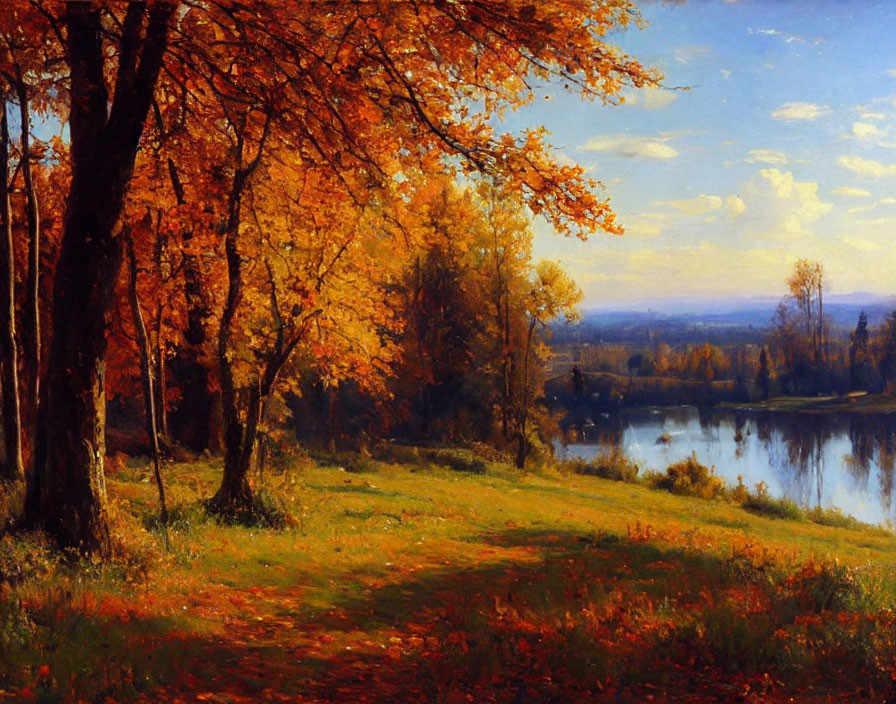 Vibrant Autumn Scenery: Orange and Red Foliage, Grass Path, Calm River