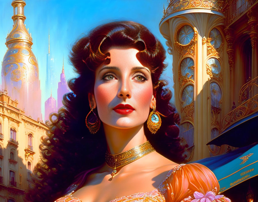 Stylized portrait of woman with dark hair and gold jewelry in fantastical cityscape