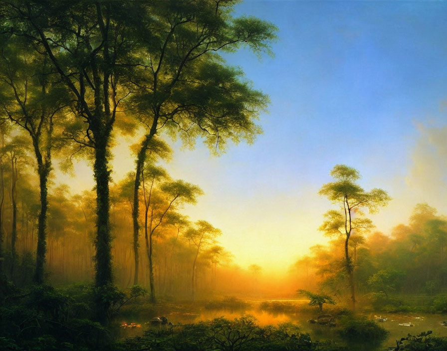 Tranquil sunrise forest landscape with pond and misty glow