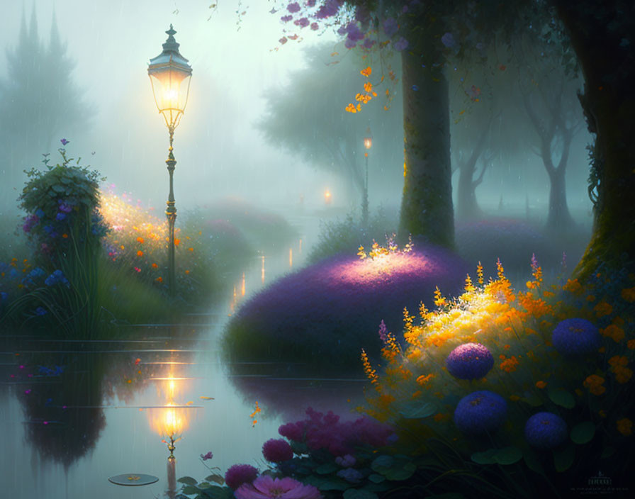 Tranquil path with blooming flowers and street lamps on misty evening