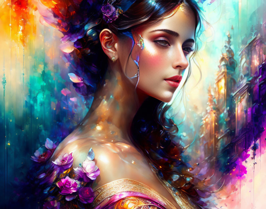 Colorful profile portrait of a fantastical woman with floral hair accents.