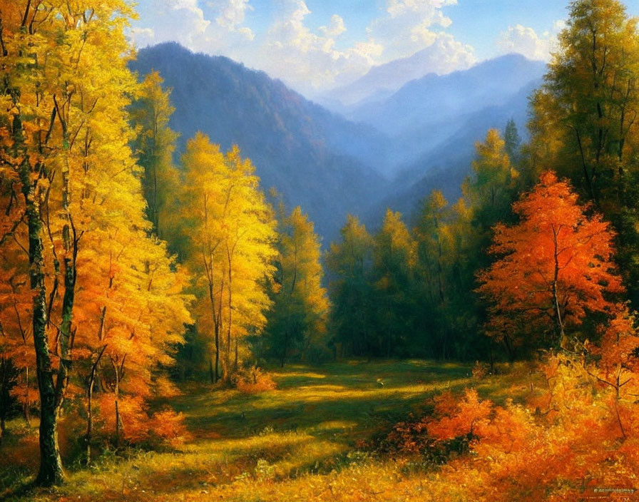 Colorful Autumn Forest with Blue Mountain Background