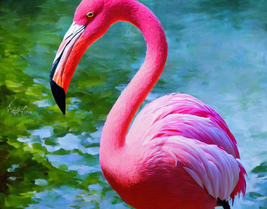 Pink flamingo in water with curved neck and black-tipped beak against green background