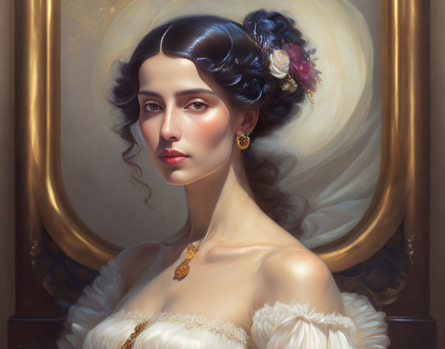 Vintage portrait of woman in white attire with dark hair and gold earrings framed in gold oval border