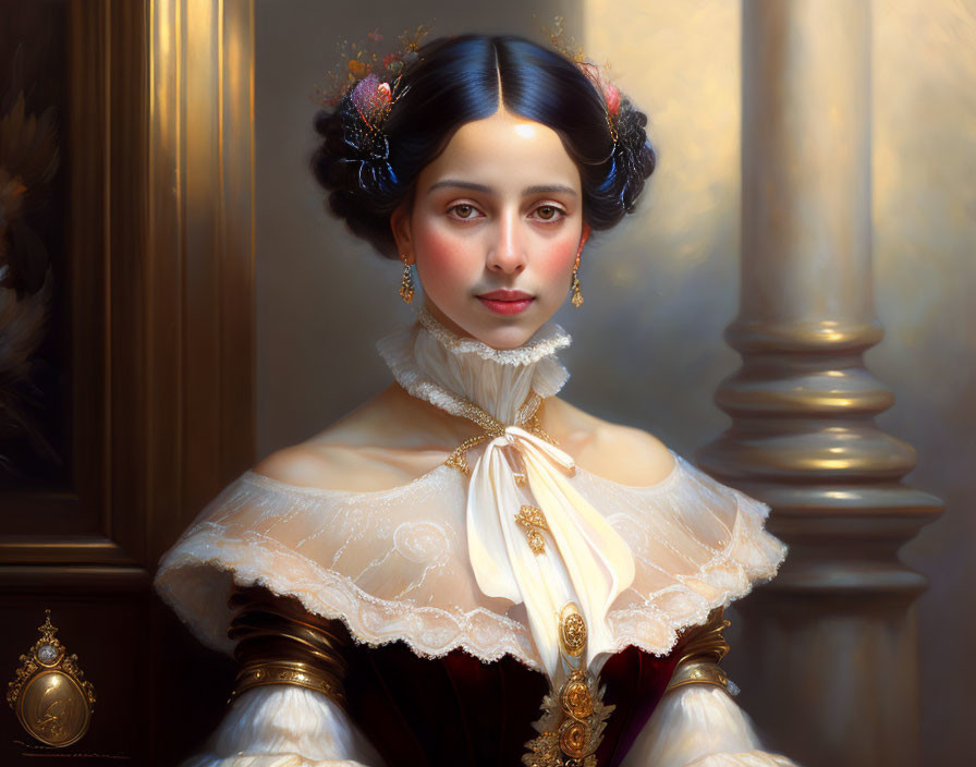 Victorian-era woman portrait in luxurious dress with lace collar and ornate hair accessories