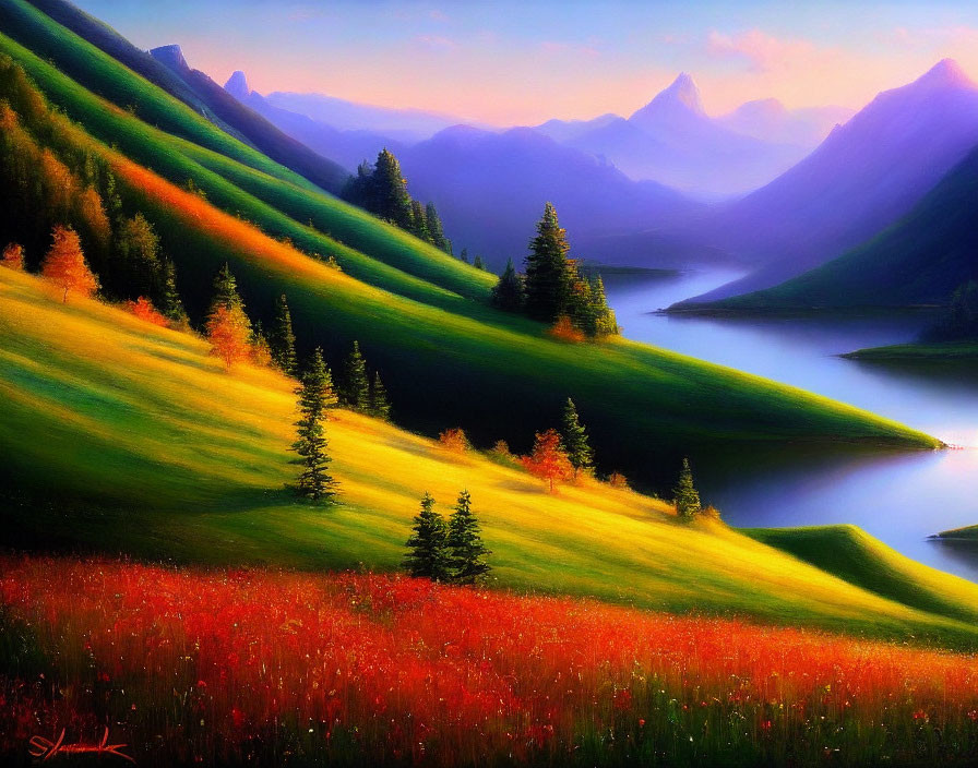 Scenic landscape painting with green hills, autumn trees, river, and mountains