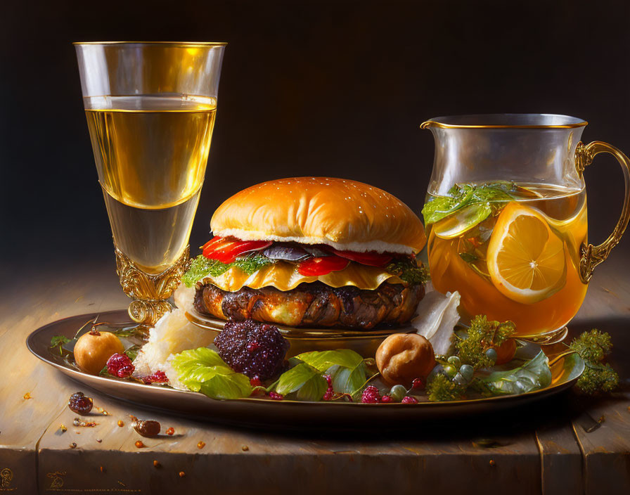 Vibrant still life with burger, berries, drink, mushrooms, iced tea