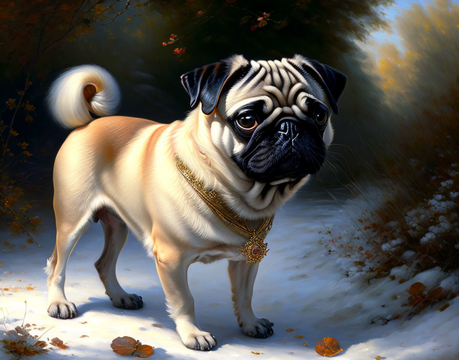 Pug dog in sunlit forest clearing with autumn leaves