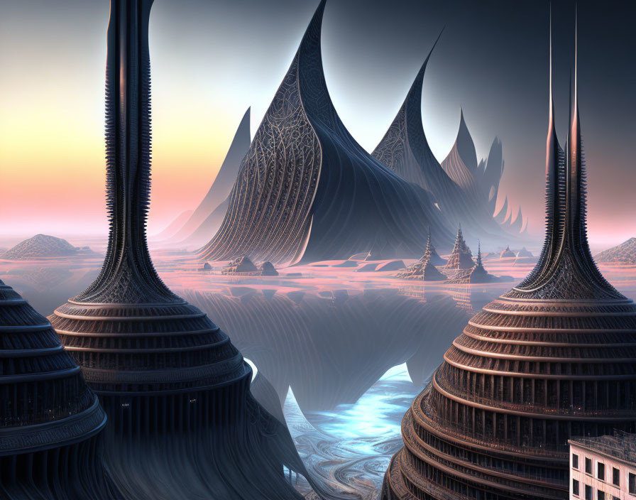 Alien landscape with spire-like structures and flowing water in desert dunes