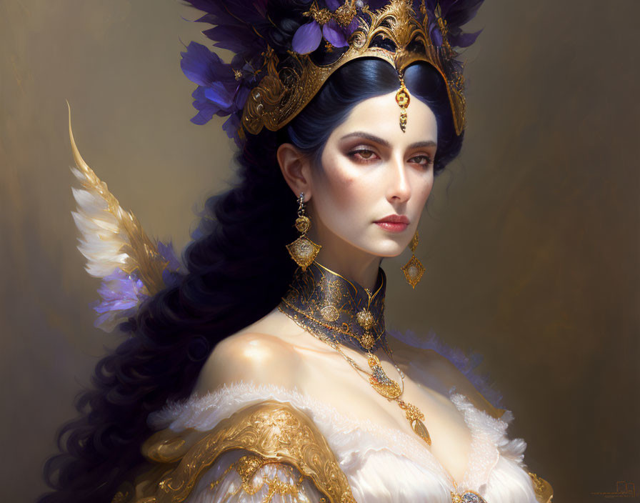 Regal woman in elegant attire with gold crown and jewelry