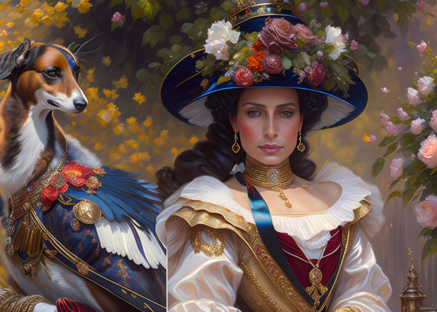 Dark-haired woman in wide-brimmed hat with golden jewelry and regal dog in blue attire