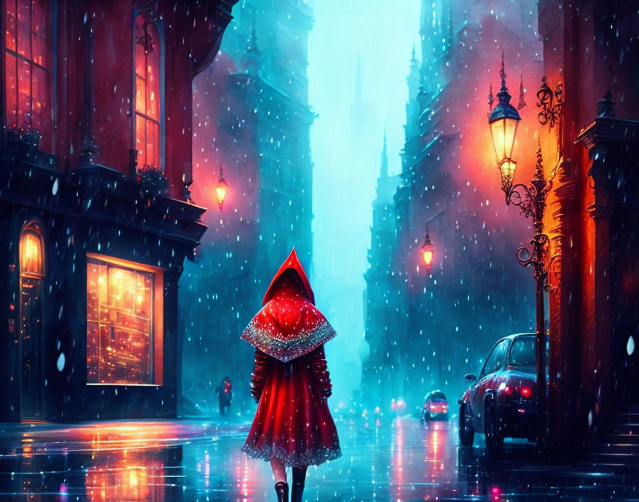 Person in red cloak walking on wet city street at night with illuminated buildings and reflections.