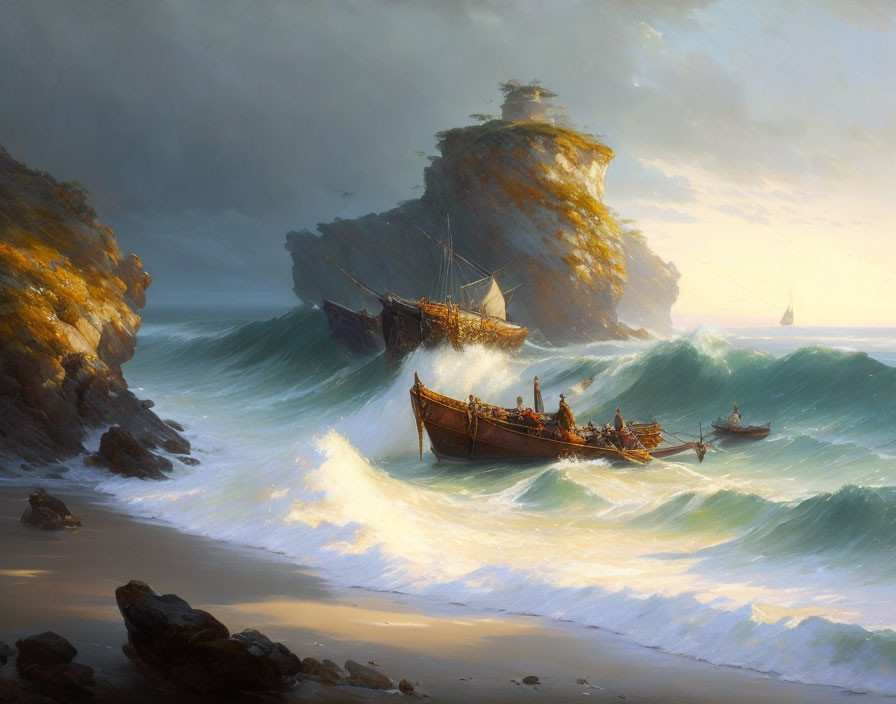 Sunlit seascape with ship, waves, rock formation, and distant sail.