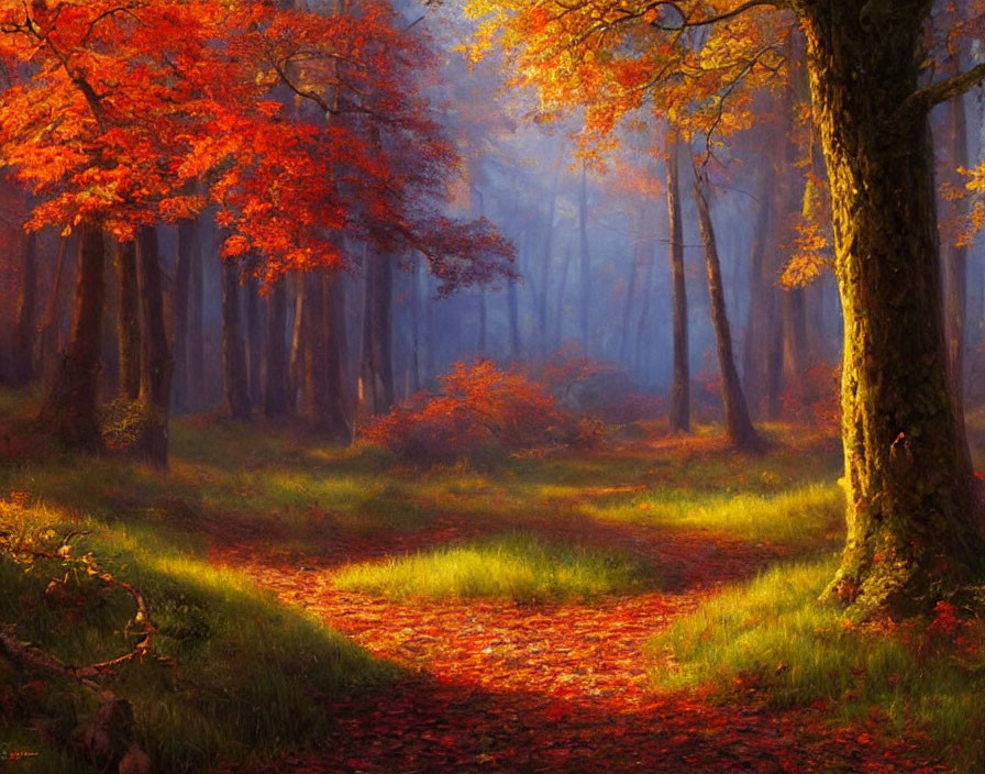 Tranquil Forest Path with Vibrant Autumn Foliage