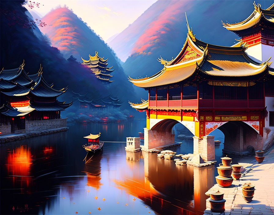 Tiered Pagoda Roofs in Traditional Chinese Architecture at Sunset