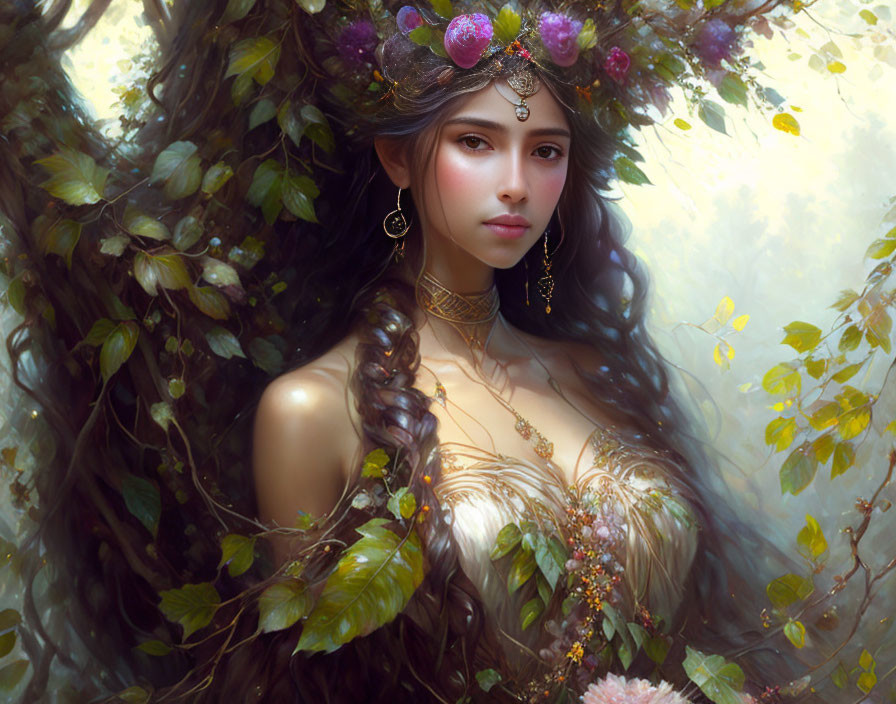 Woman with floral headdress and gold jewelry in lush greenery.