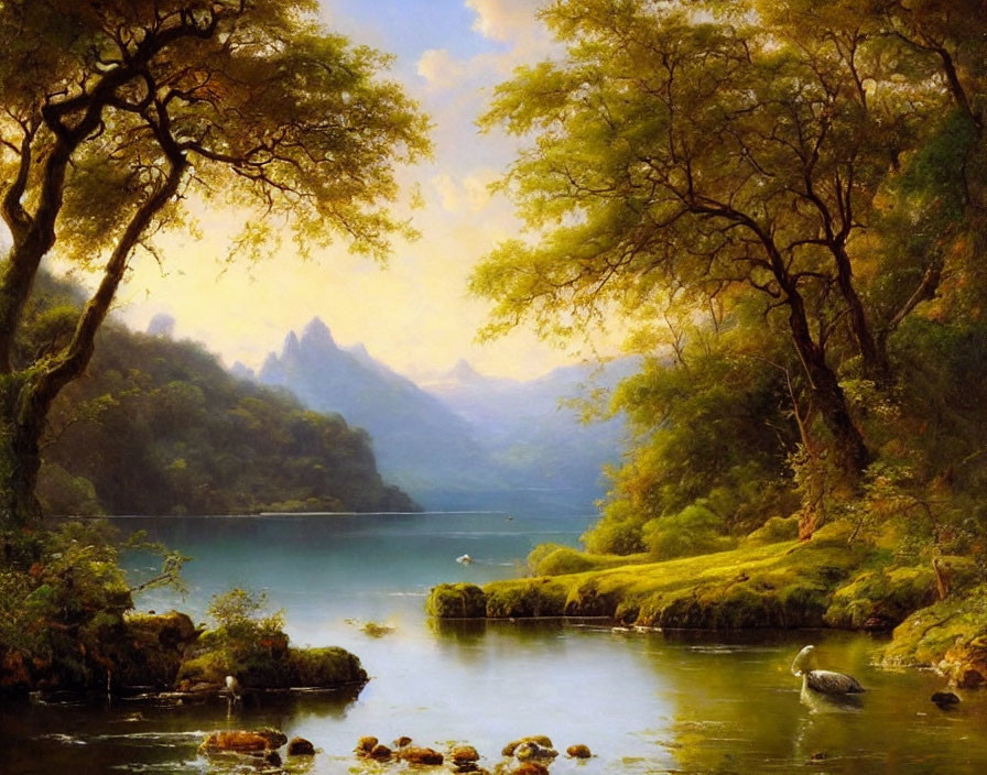 Tranquil landscape: serene lake, leafy trees, distant mountains
