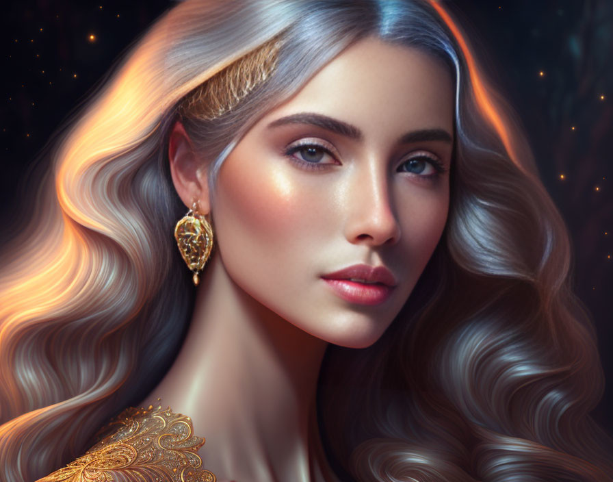 Portrait of woman with silver hair, blue eyes, and golden earrings on starry night background