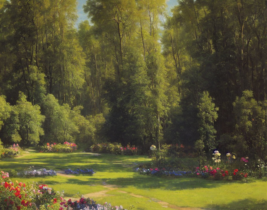Colorful flower beds, grassy path, and green trees in serene forest clearing